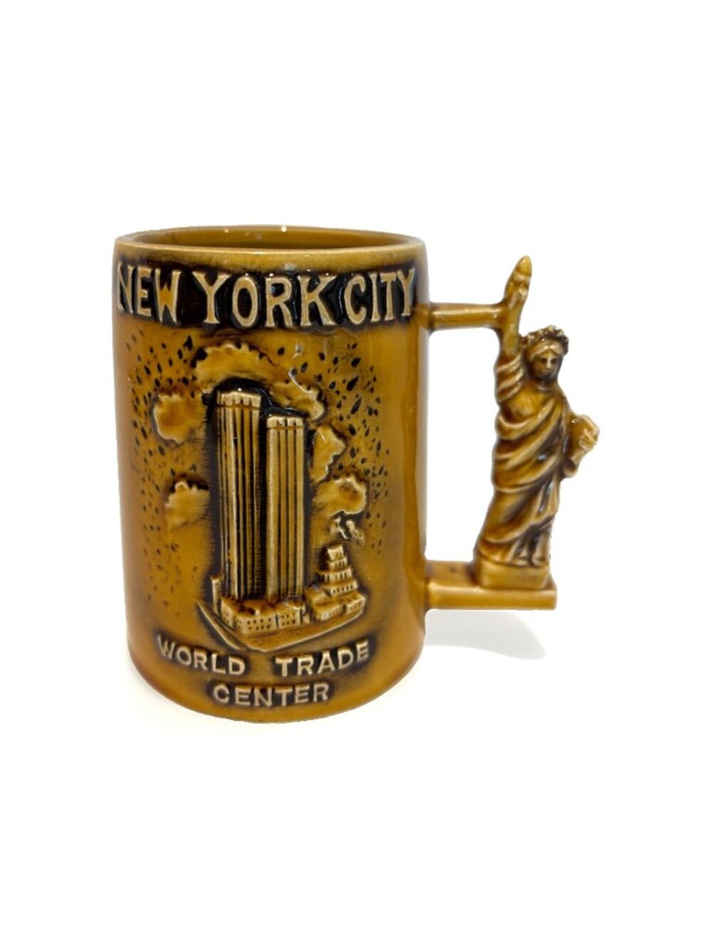 Vintage New York City Twin Towers Mug Empire State Statue Liberty Raised Relief